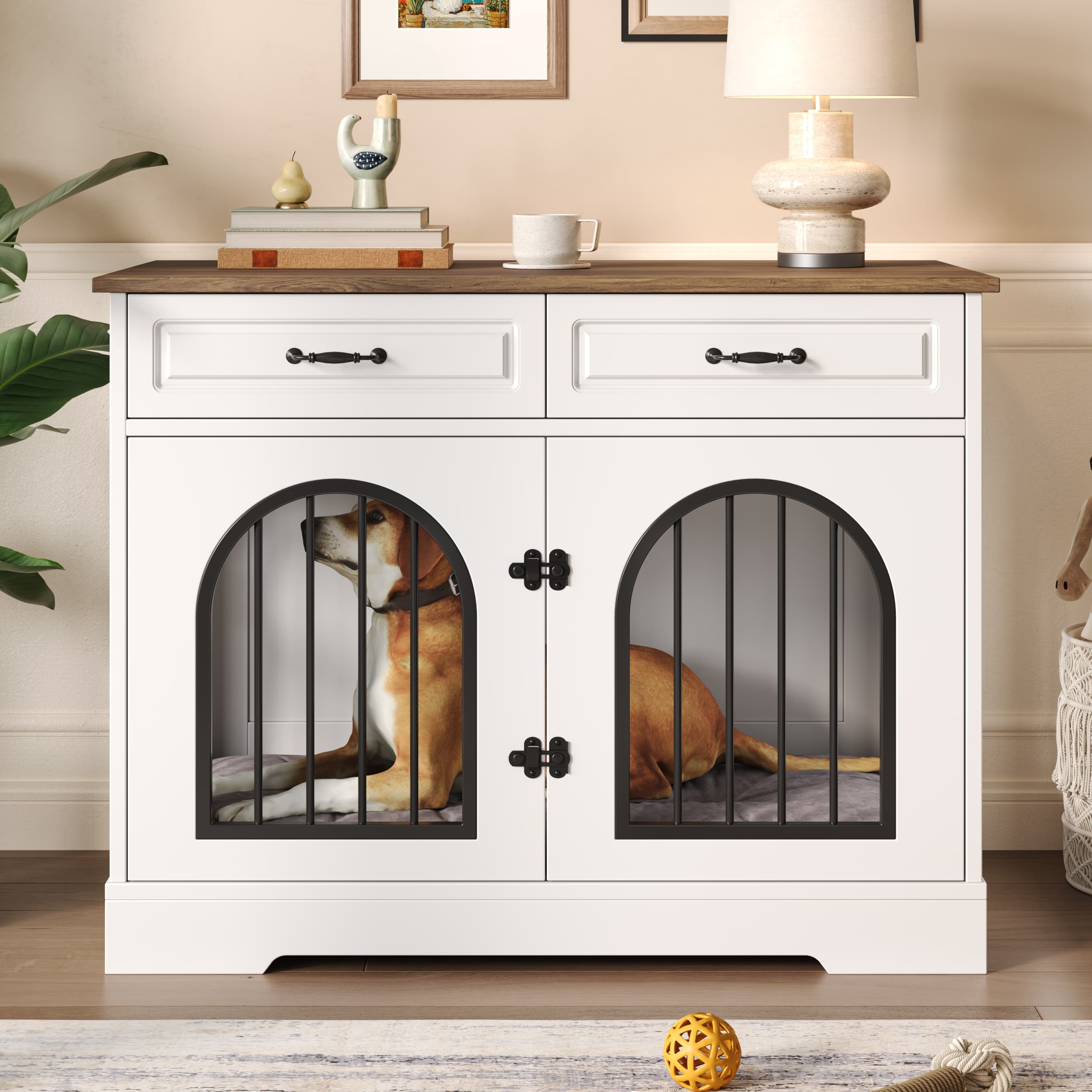43.3 Dog Crate Furniture, Heavy Duty Indoor Dog Kennel With 2 Storage Drawers, Dog Cage With Side Doors For Medium Large Dogs, End Table Dog Crate, White And Brown