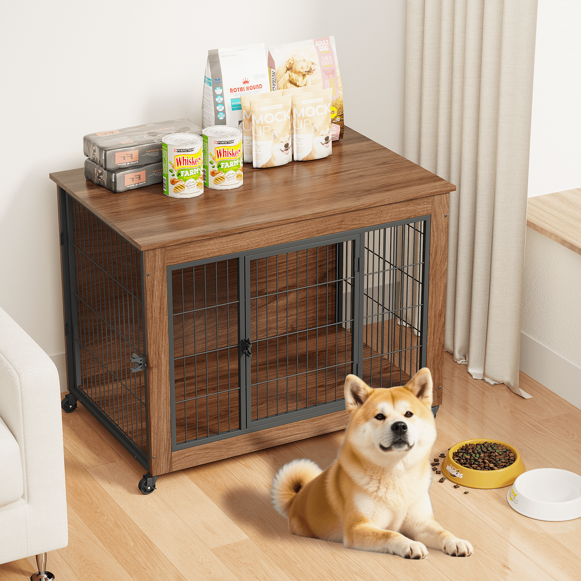 38.6 Dog Crate Furniture With Wheels For Small Dogs, Heavy Duty Dog Kennel Indoor With 2 Doors, Wooden Pet Cage End Table, Double-Doors Sturdy Metal Dog Cage For Anxiety Dog