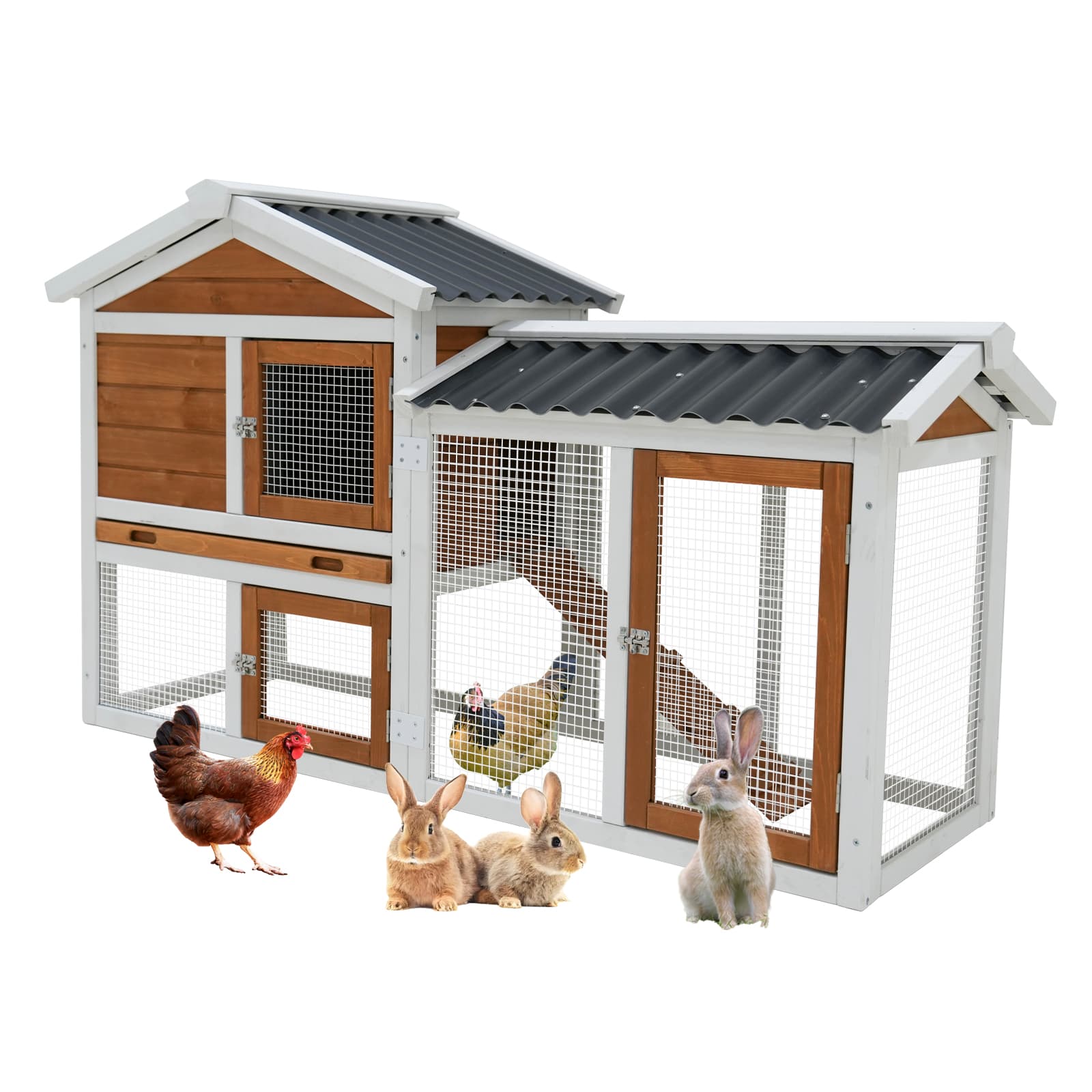 58 Wooden Outdoor Indoor Roof Waterproof Bunny Hutch Rabbit Cage Guinea Pig Coop PET House For Small To Medium Animals With Stairs And Cleaning Tray
