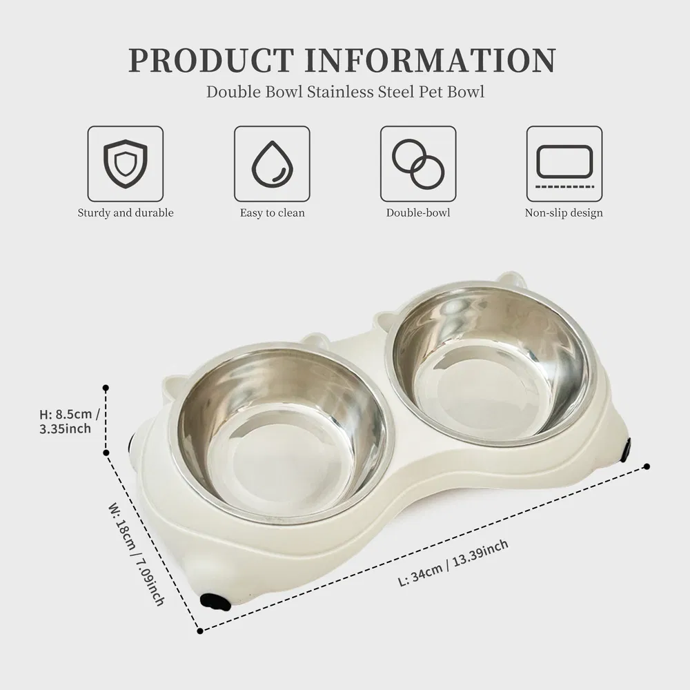 Anti Slip Base Double Cat Food Bowl, White Stainless Steel Food And Water Bowl, Easy To Clean And Detachable Design, Cat And Dog Pet Feeder
