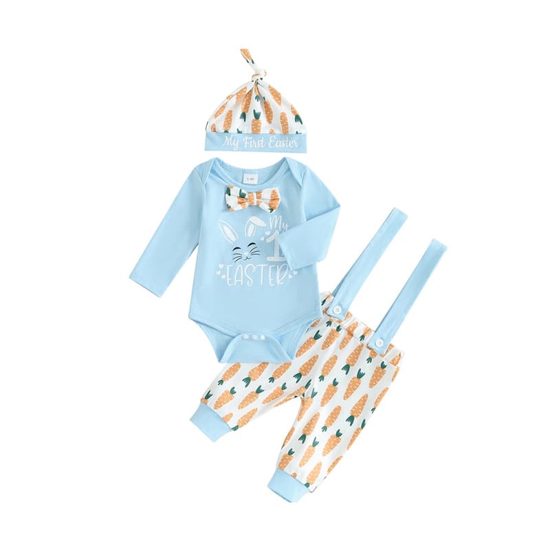 3pcs Set Baby Costume Set, Long Sleeved Letter Rabbit Print Jumpsuit, Carrot Print Suspender Pants, Hat Set