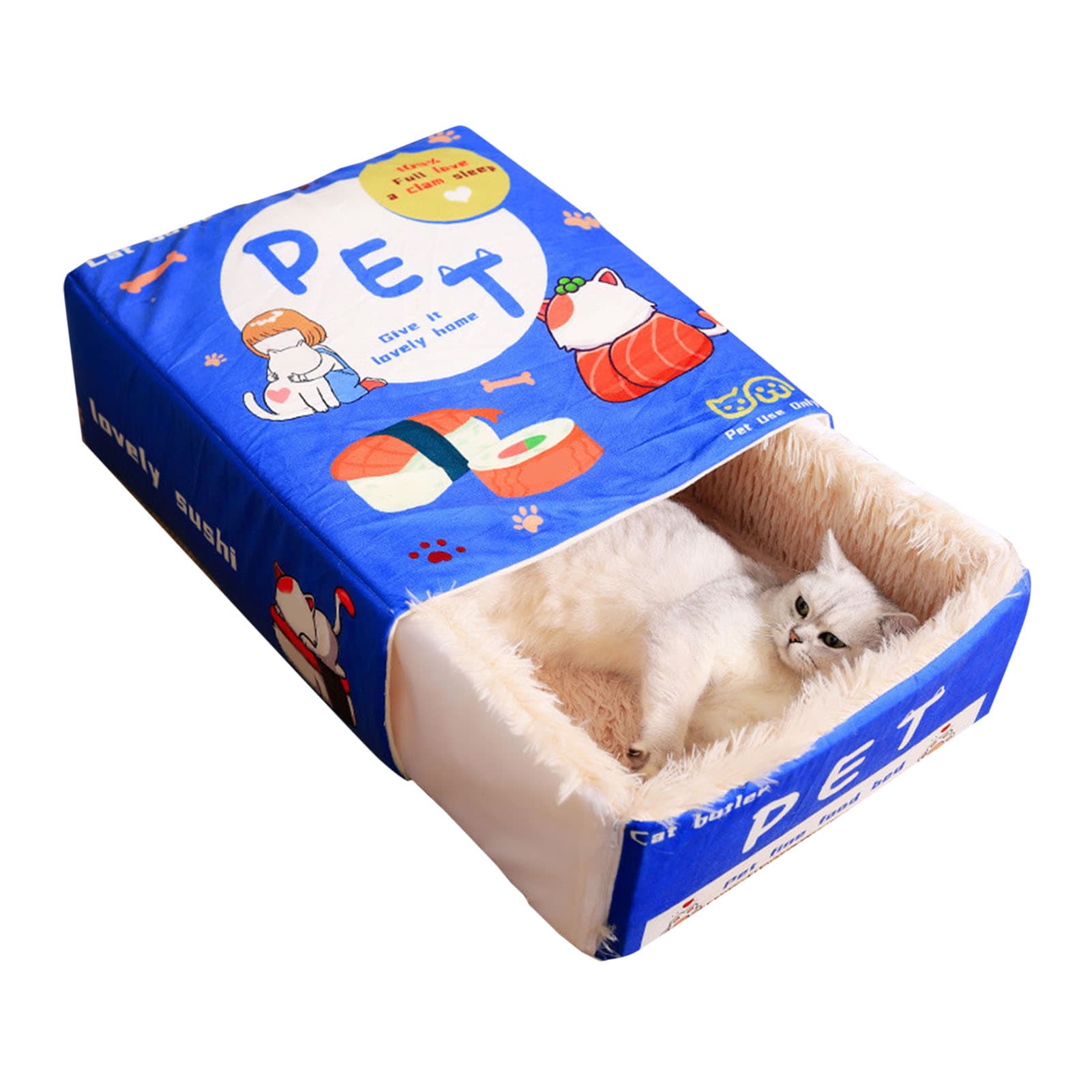 Snack Box Cat Bed Cartoon Rectangular Fully Enclosed Four Season Universal Multifunctional Soft Pet Bed For Home Travel Blue