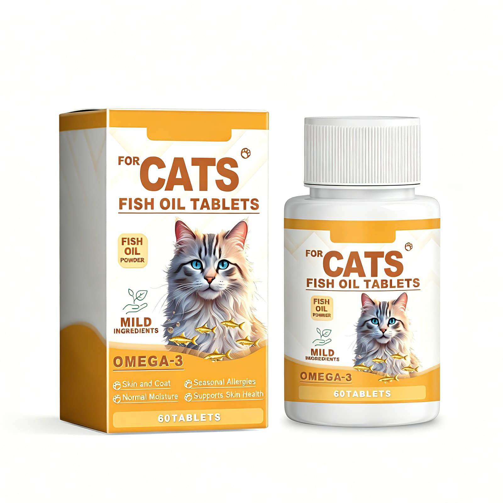 Cat 3 Fish Oil Tablets, Multivitamin Skin & Coat Supplement For Cats, Support Immune, Heart & Bone Health, 60 Chewable Tablets