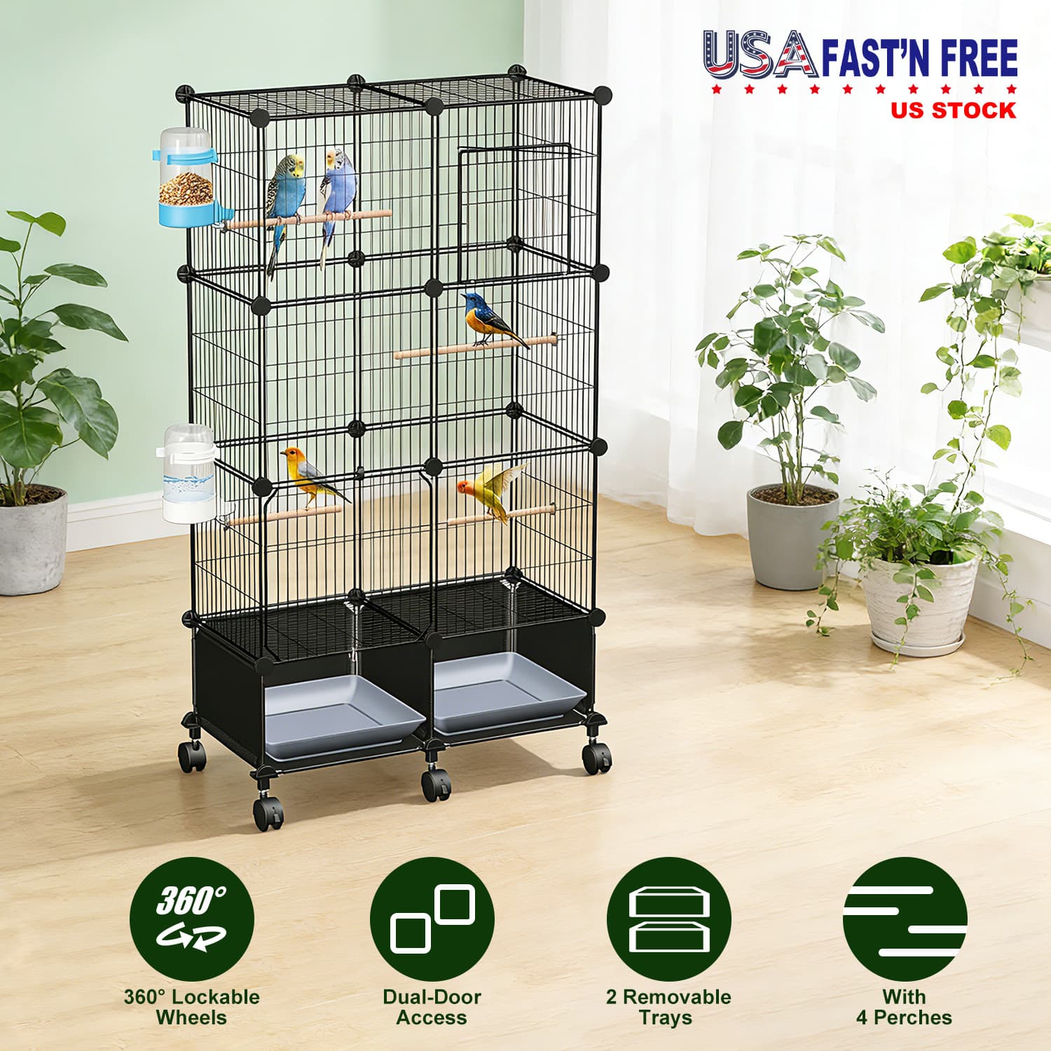 1Pc 46in Bird Cage Spacious Indoor Pet Bird House With 4 Wooden Perches 2 Slide-Out Tray 2 Water Bottle Feeder Lockable Wheels For Parrot Parakeets Cockatiel Lovebird Small Mid-Sized Birds
