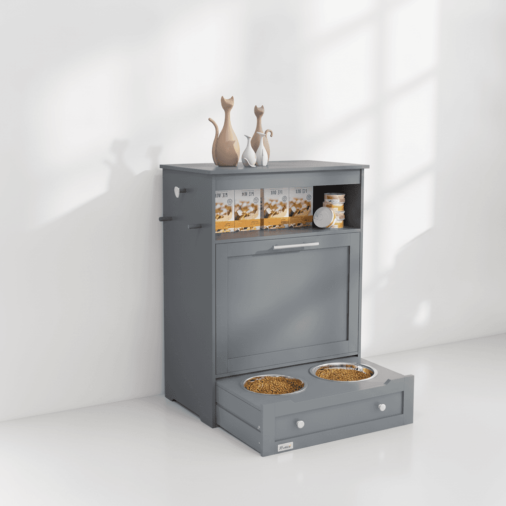 Pet Feeder Station Storage Cabinet, Dog Food Storage Container with Dog Raised Bowls, Watering Supplies, Gray