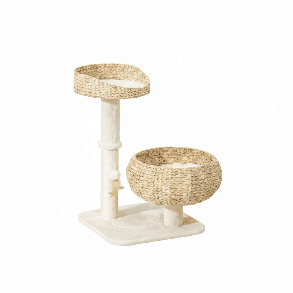 Elevated Cat Bed With Sisal Scratching Post For Indoor Kitties, Modern Cat Tree With Cute Basket Design, Small Cat Tree With Ball Toy