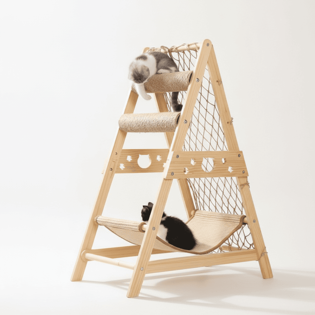 Wooden Cat Tree With 2 Scratching Posts, Summer Cat Bed, Indoor Multi-cat Castle Tower With Climbing Net Toys.