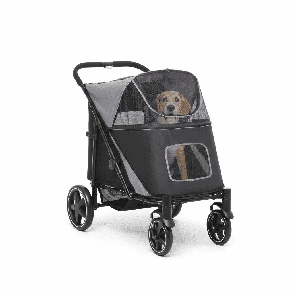 Dog Stroller for Large Medium Small Dogs up to 66 Lbs. 23.5" in Body Length, One-Click Foldable Pet Cat Stroller with Storage, Shock Absorption Wheels, Mesh Window, Safety Leash, Gray