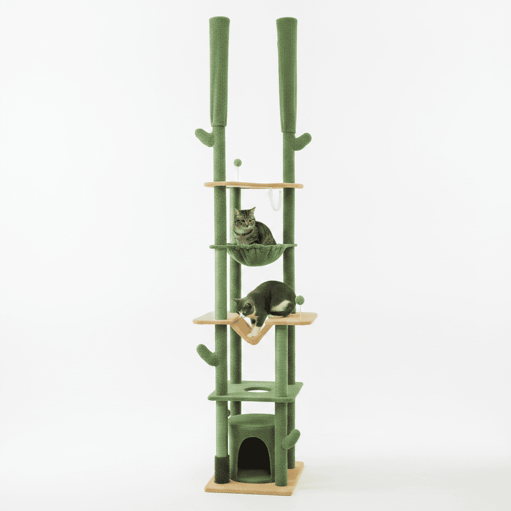 89"-100" Floor to Ceiling Cat Tree, Cat Climbing Tower with Grooming Brush Post, Cat Condo, Hammock, Green