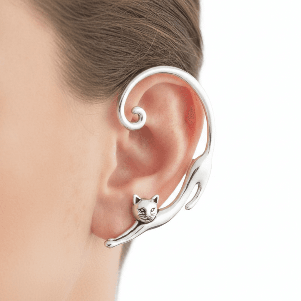 Single Piece Punk Style Cat Post Earring with Ear Cuff Rock Animal Black Stud Earring