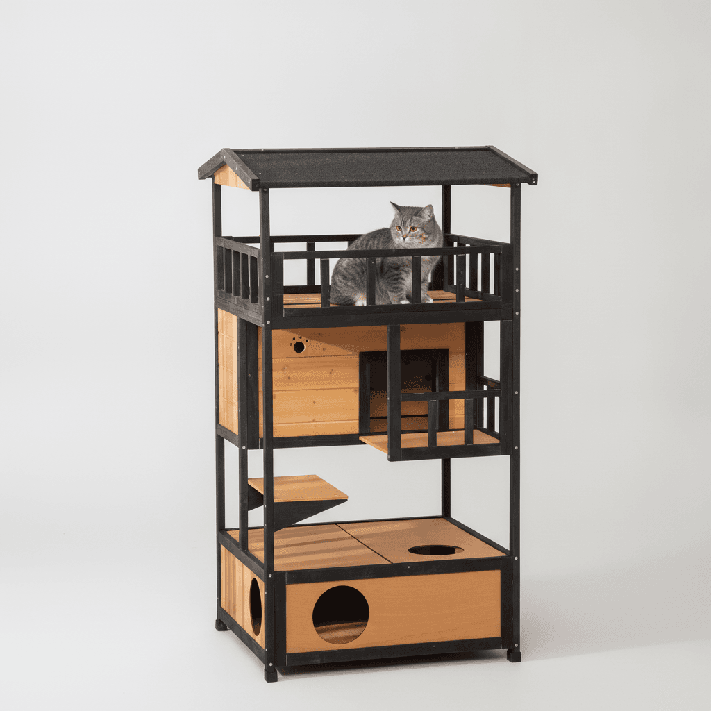 Wooden Outdoor Cat House, Feral Cat Shelter Kitten Condo with Asphalt Roof, Escape Doors, Condo, Jumping Platform, Yellow