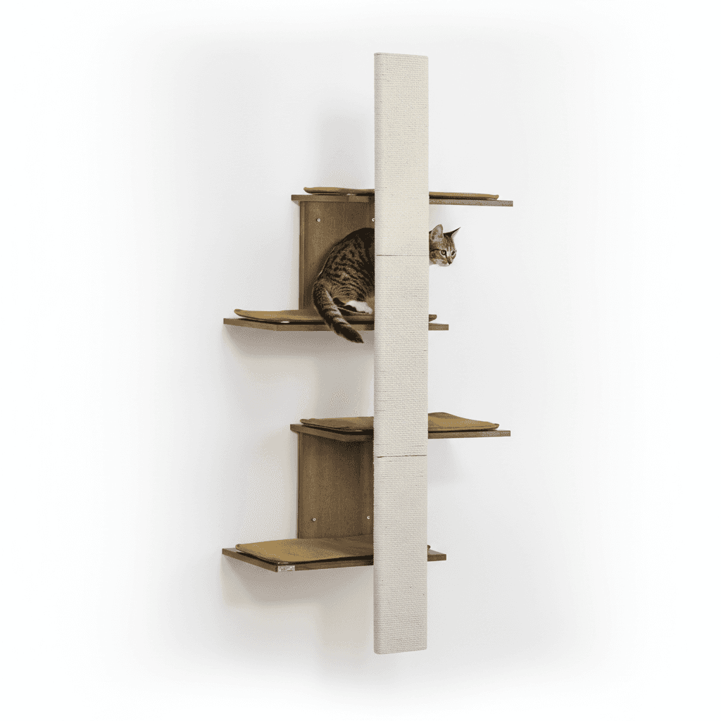 Wall-Mounted Cat Tree, 4-Layer Cat Wall Shelves Furniture with Scratching Board, Kitten Activity Center with Cushions, Natural