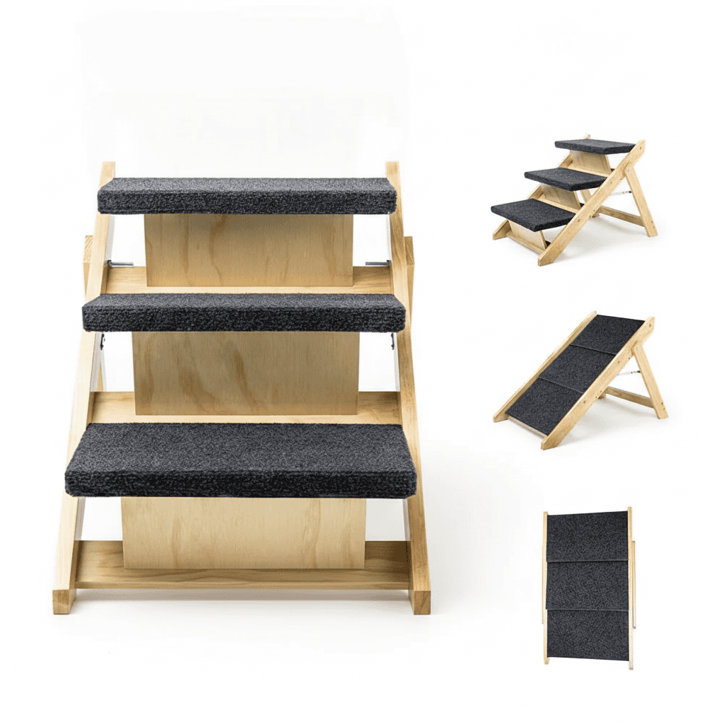 Wood Pet Stairs Pet Steps Foldable 3 Levels Dog Stairs Ramp Perfect For Beds And Cars Portable Dog Cat Ladder Up To 110 Pounds