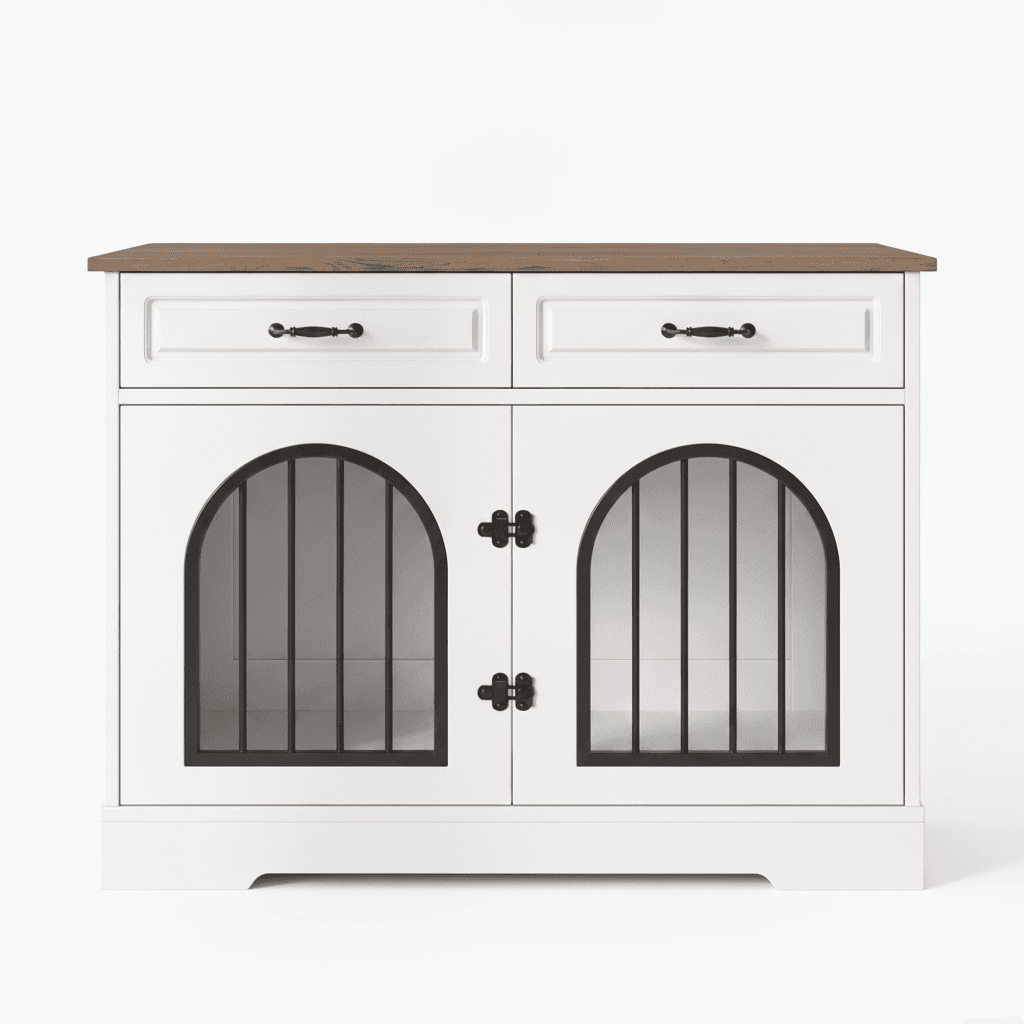 43.3 Dog Crate Furniture, Heavy Duty Indoor Dog Kennel With 2 Storage Drawers, Dog Cage With Side Doors For Medium Large Dogs, End Table Dog Crate, White And Brown