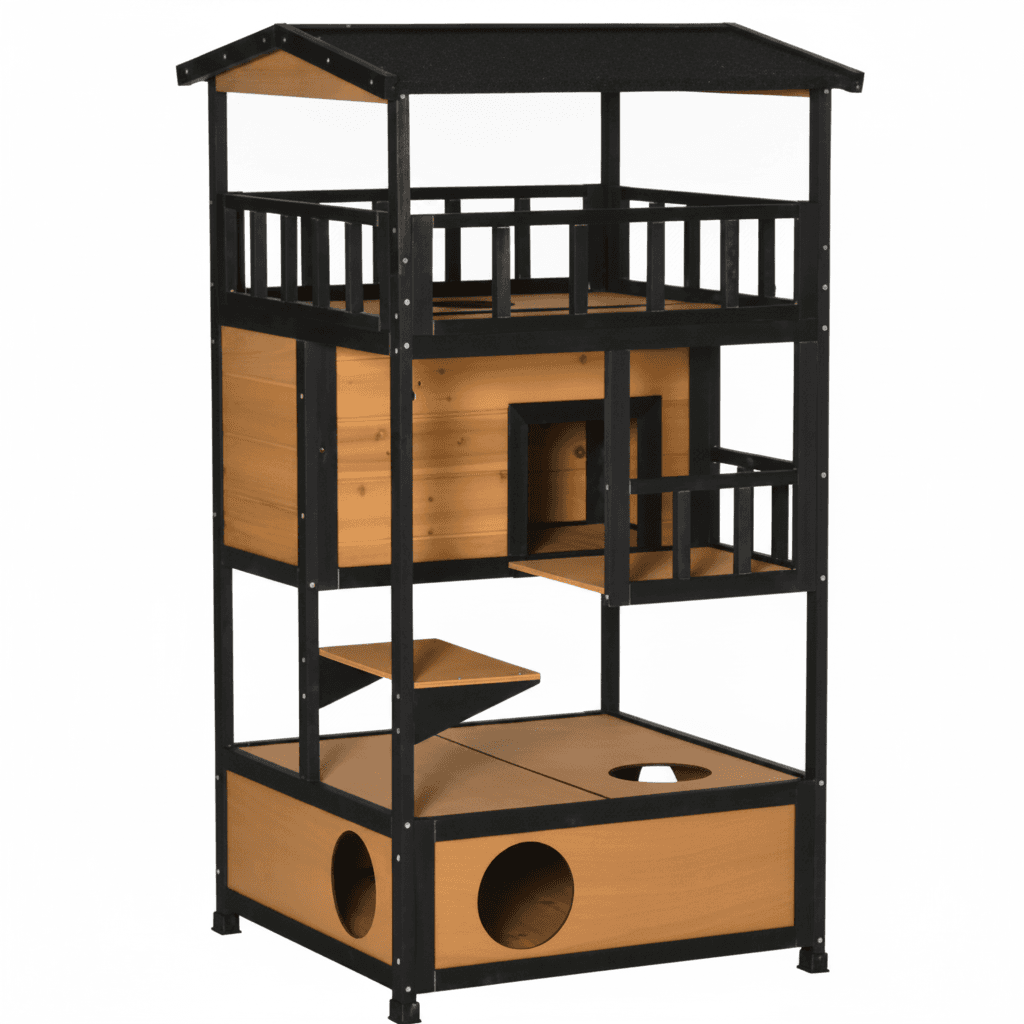 Wooden Outdoor Cat House, Wild Cat Shelter Kitten Tree